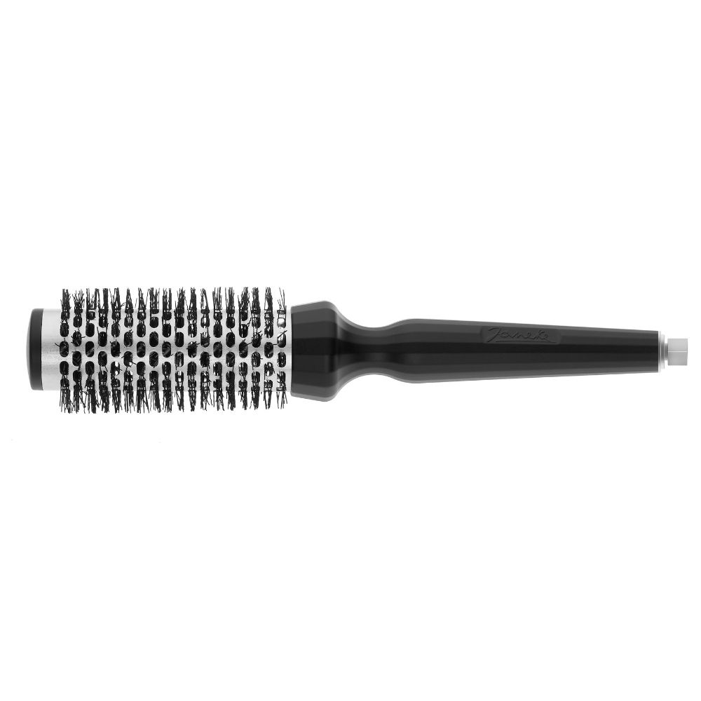 Runde, schwarze Haarbürste mit silbernem Bürstenkopf. Griff mit Markenschriftzug. Borsten mit Löchern.