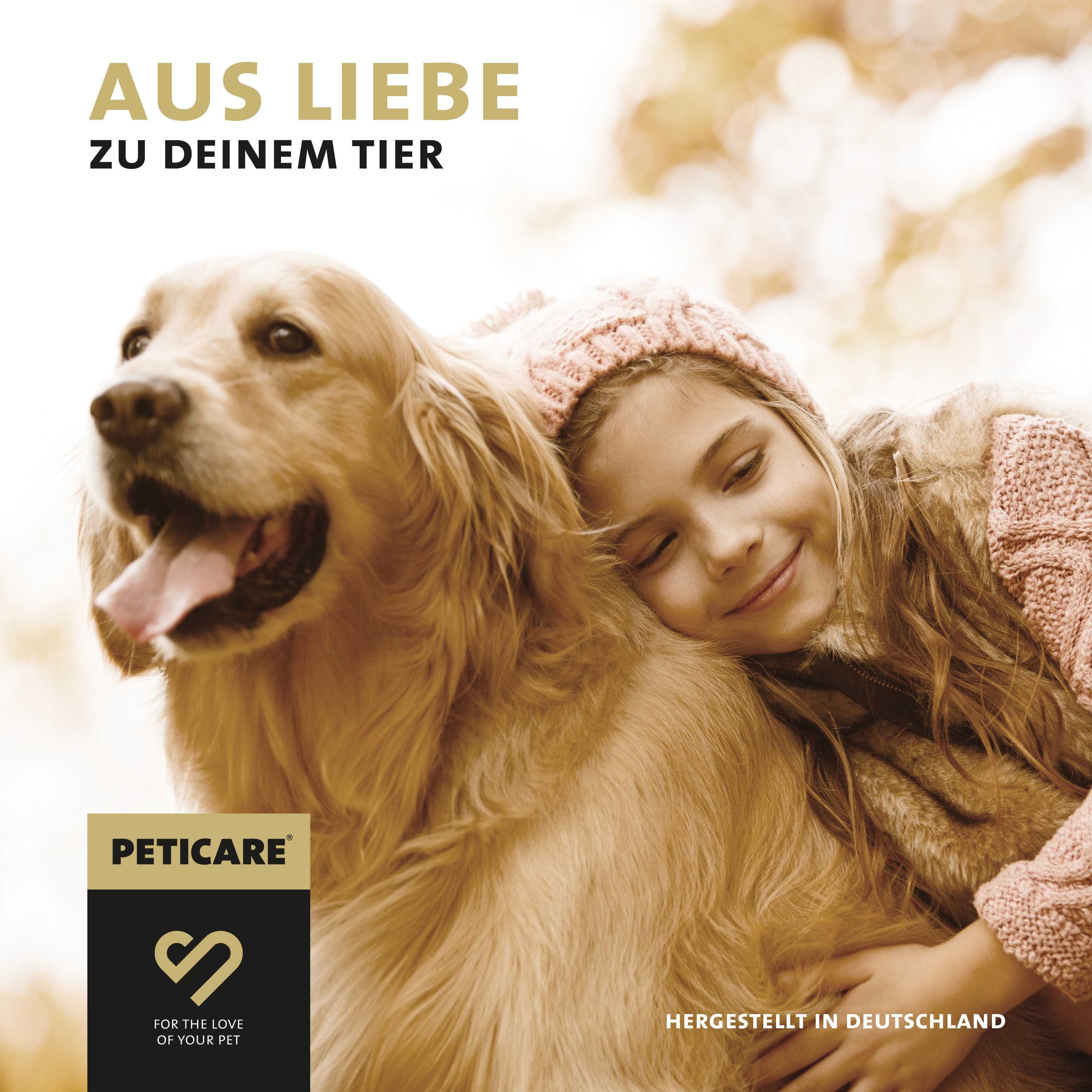 Mädchen umarmt einen Hund. Text: Aus Liebe zu deinem Tier. Logo und Text: Peticare, For the love of your pet. Hergestellt in Deutschland.