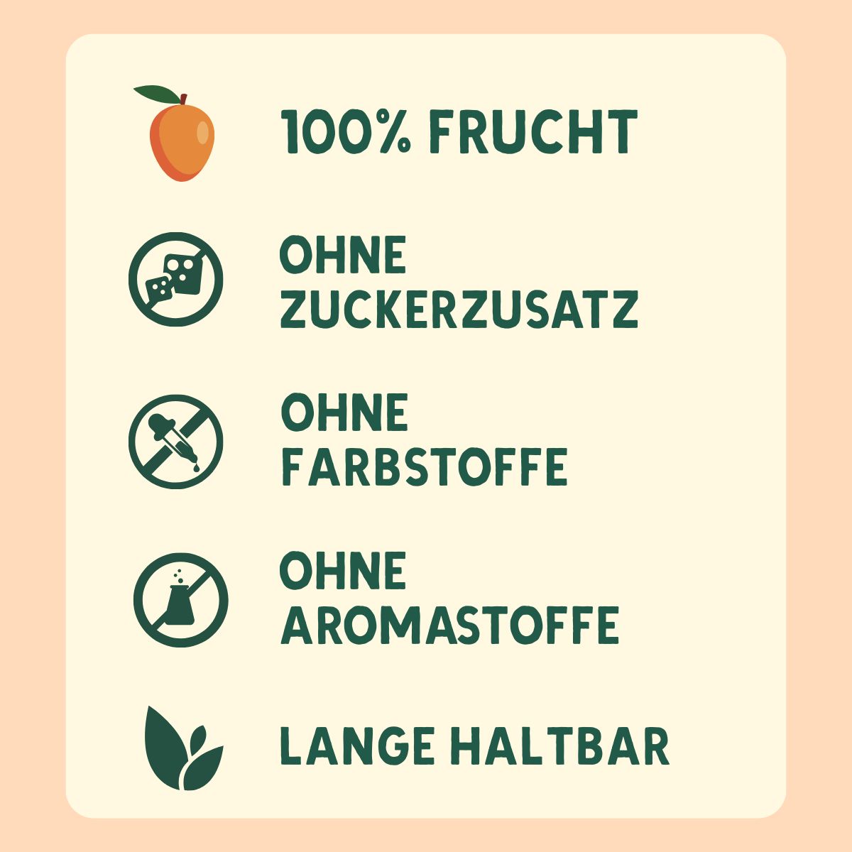 Quadratische Tafel mit Text: Ohne Zuckerzusatz, Ohne Farbstoffe, Ohne Aromastoffe, Lange haltbar.
