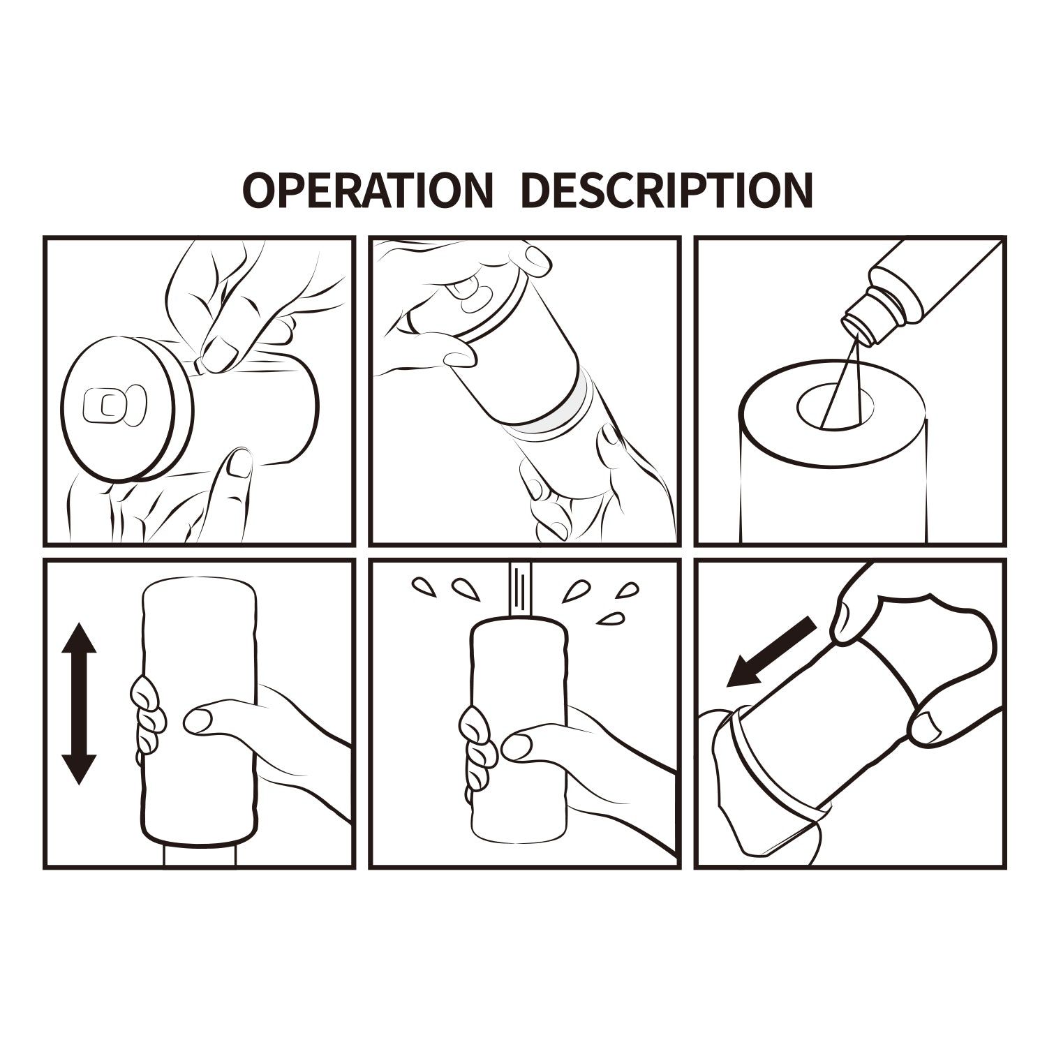 Sechs Illustrationen zeigen die Anwendung des Produkts. Hände interagieren mit Dose und Produkt.