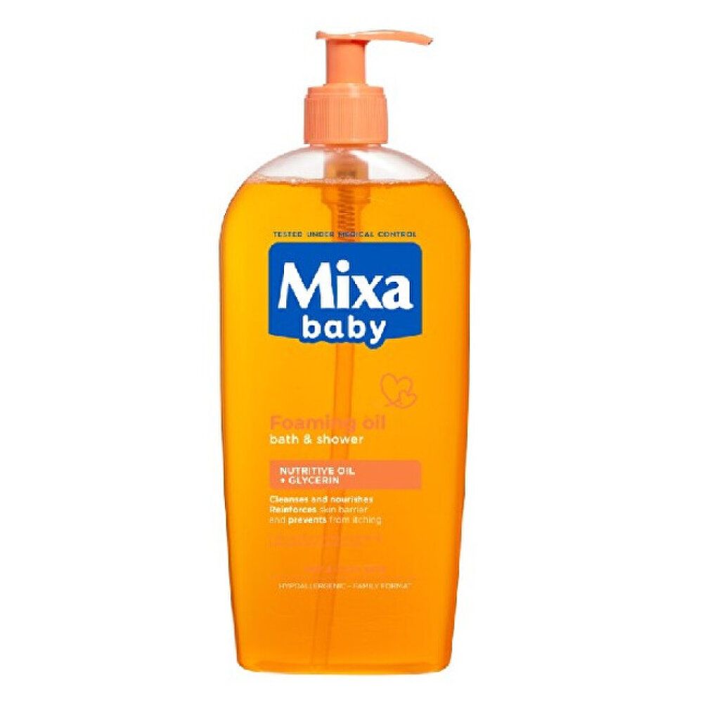 Mixa Baby Duschöl-Flasche mit Dosierpumpe. Blaues Etikett mit Produktnamen. Transparente Flüssigkeit.