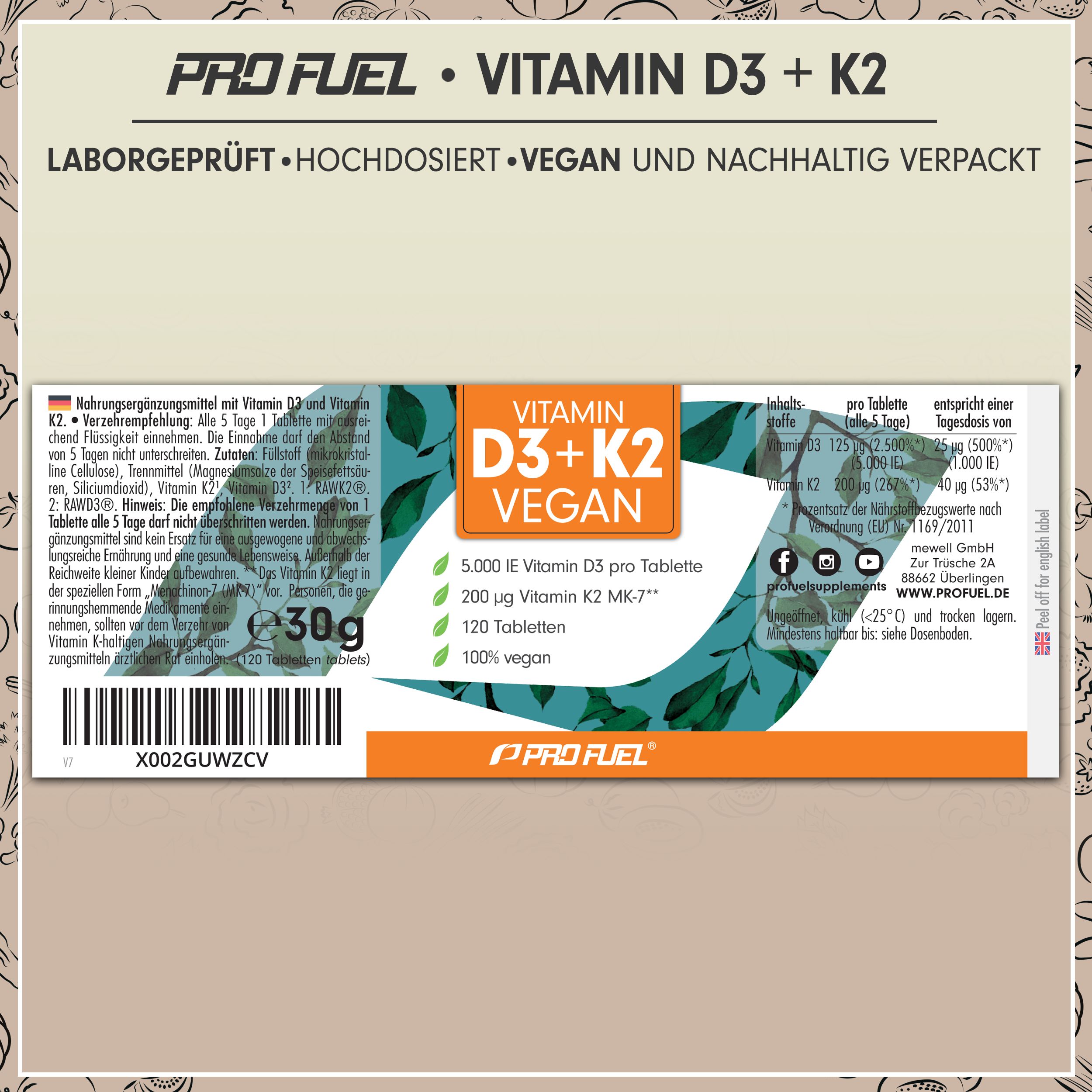 Produktverpackung von ProFuel Vitamin D3 + K2 Vegan. Enthält 120 Tabletten. Angaben zu Inhaltsstoffen und Dosierung.