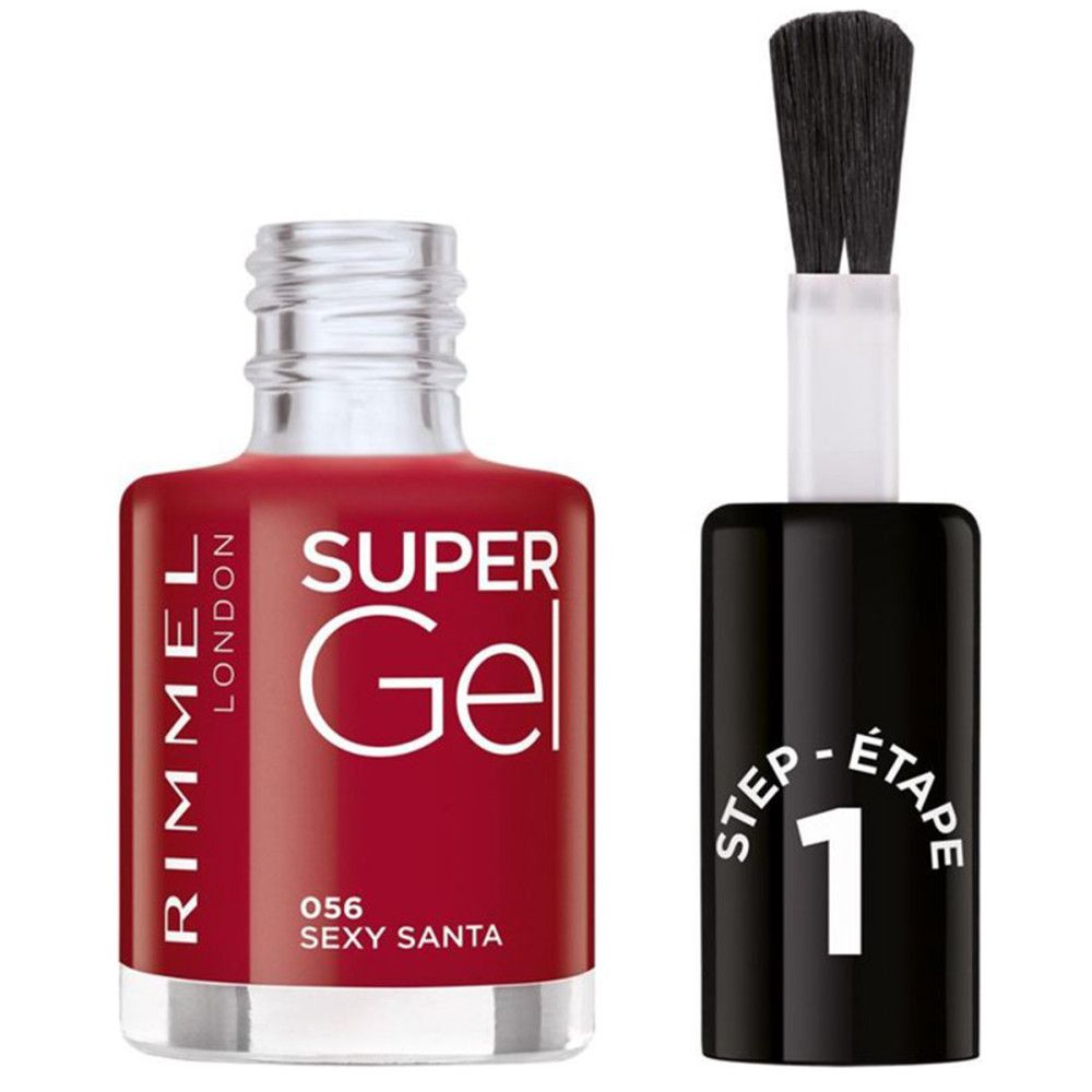 Rote Nagellackflasche mit Pinsel. Aufschrift "SUPER Gel" und "056 SEXY SANTA". Pinsel mit "STEP 1".