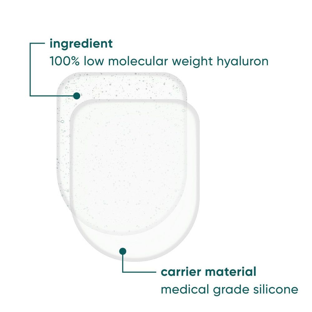 Zwei transparente Hand Pads. Beschriftung: 100% Hyaluron, medizinischer Silikon.