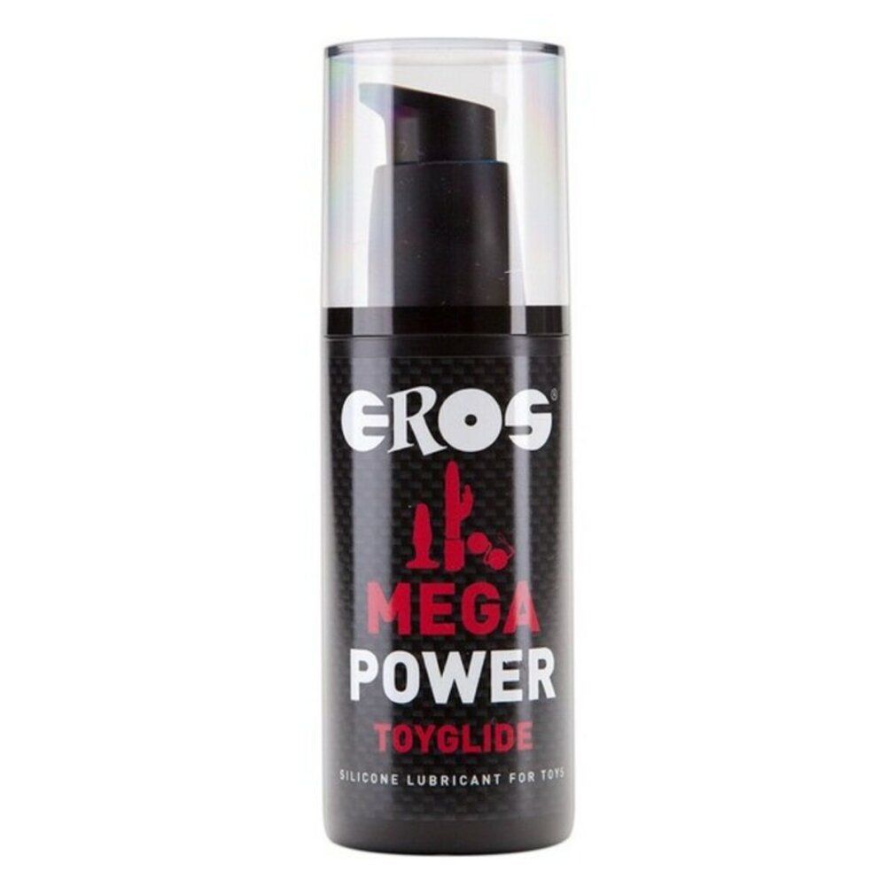 Schwarze Flasche mit Pumpe. Aufschrift: EROS, MEGA POWER, TOYGLIDE. Silikon-Gleitmittel für Toys.