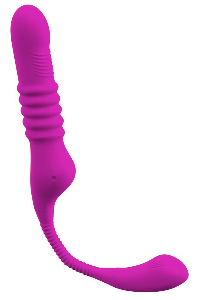 Lila Vibrator mit Klitoris-Stimulationsarm. Geriffelte Oberfläche am Schaft, gebogene Form.