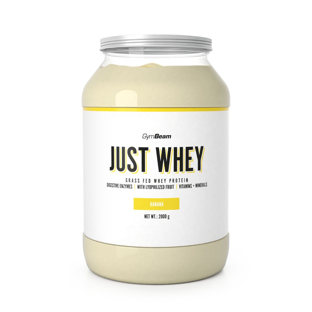 Großer Behälter mit Just Whey Bananenpulver. Enthält 2000g.