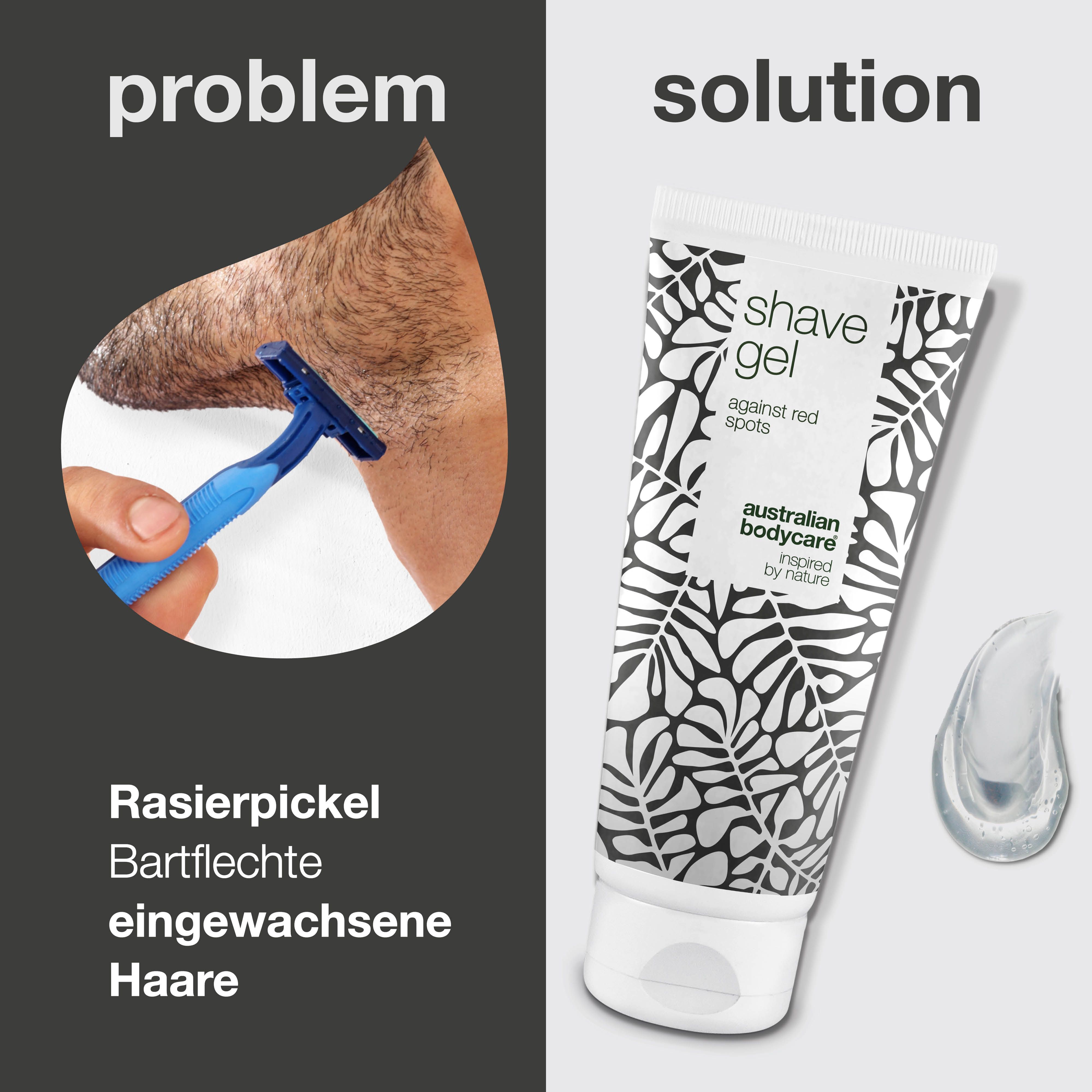 Vergleich: Rasierer und Hautausschlag vs. Tube Rasiergel. Aufschrift: shave gel against red spots. Australian Bodycare.