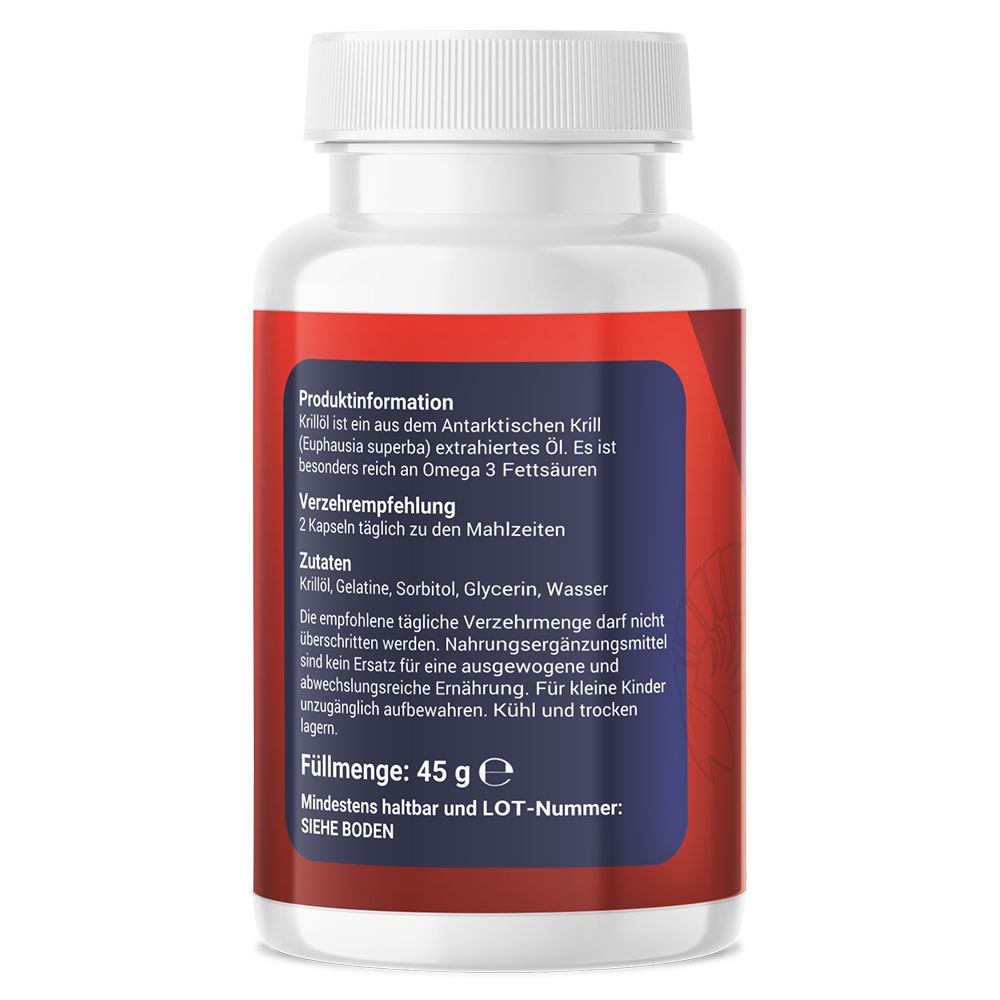 Rückseite der Flasche. Produktinformationen, Verzehrempfehlung, Zutaten, Füllmenge: 45 g. Mindesthaltbarkeit.