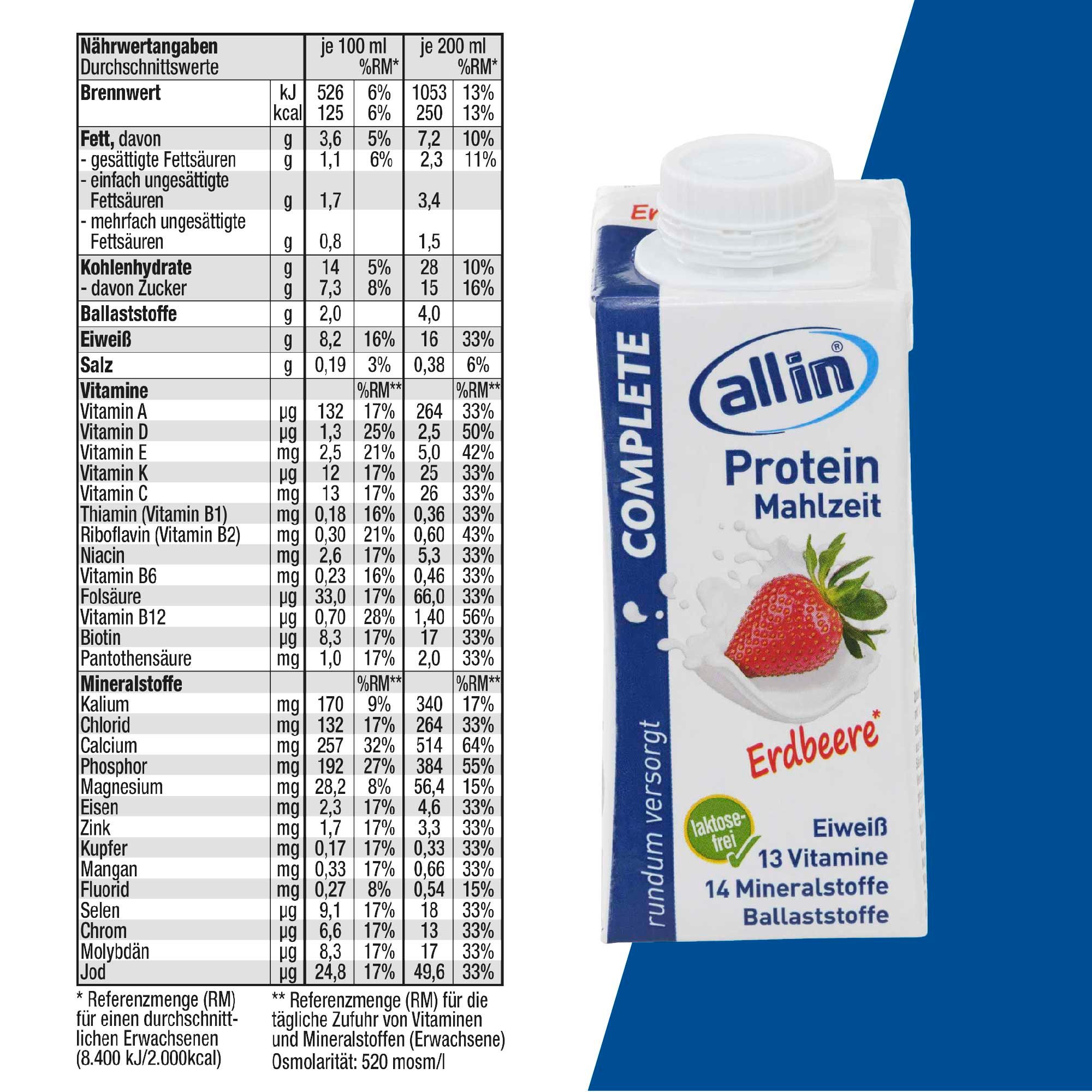 ALLIN COMPL PROT Trinkmahlzeit Erdbeere mit Nährwertangaben und Vitaminübersicht.