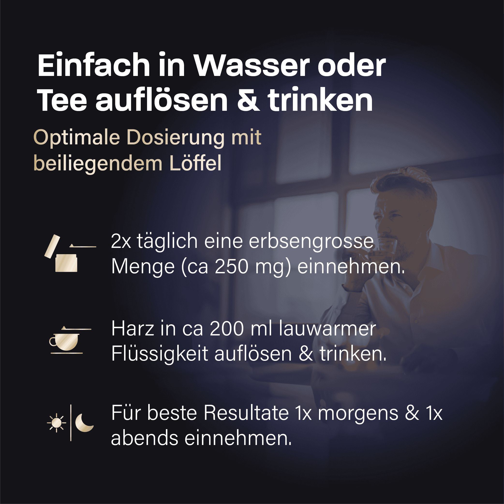Anleitung: Einfach in Wasser oder Tee auflösen. Optimale Dosierung mit Löffel. 2x täglich eine erbsengroße Menge einnehmen.