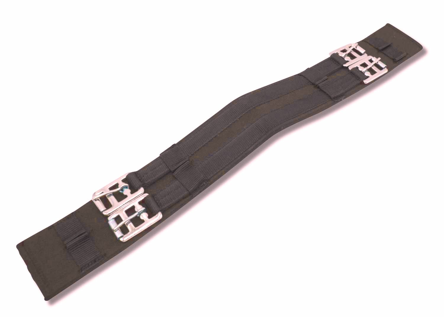 Schwarzer Dressur Kurzgurt mit Schnallen. Perspektivische Ansicht.