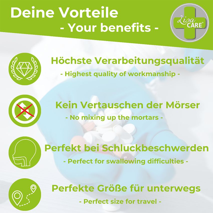 Vorteile: Hohe Verarbeitungsqualität, kein Vertauschen, perfekt bei Schluckbeschwerden, perfekte Größe für unterwegs.
