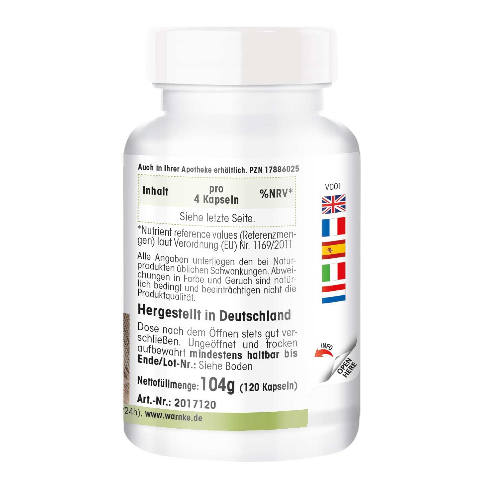 Rückseite der Flasche. Text: Inhalt, hergestellt in Deutschland. Nettomenge: 104g (120 Kapseln).