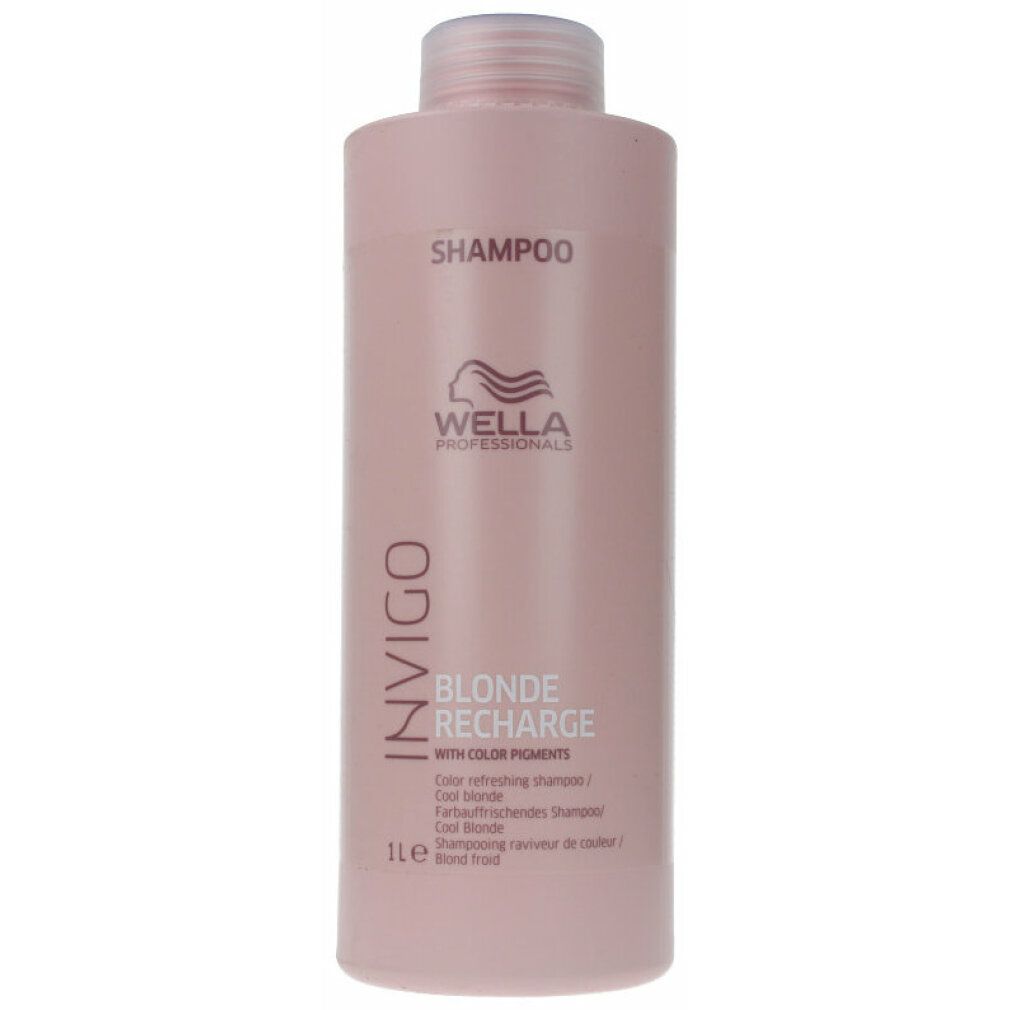 Rosa Shampoo-Flasche mit Aufschrift INVIGO, BLONDE RECHARGE, Wella Professionals. Text: Color refreshing shampoo.