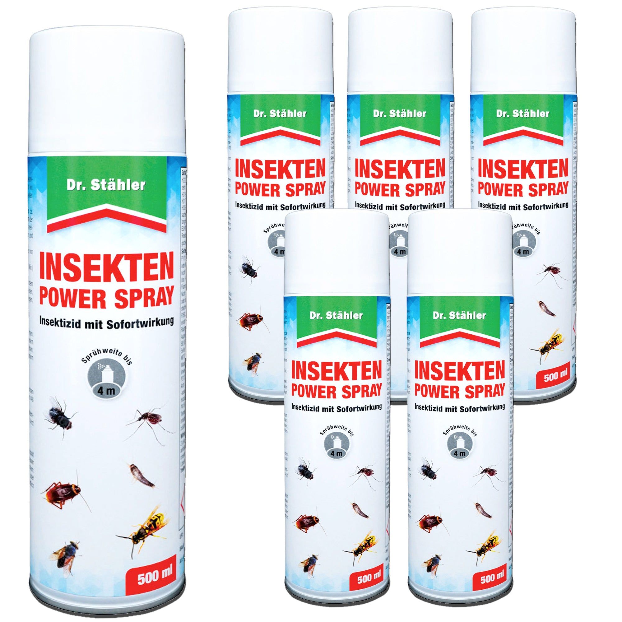 Sechs Aerosoldosen "Insekten Power Spray" von Dr. Stähler, eine 500ml Dose vorne links, fünf weitere Dosen dahinter.