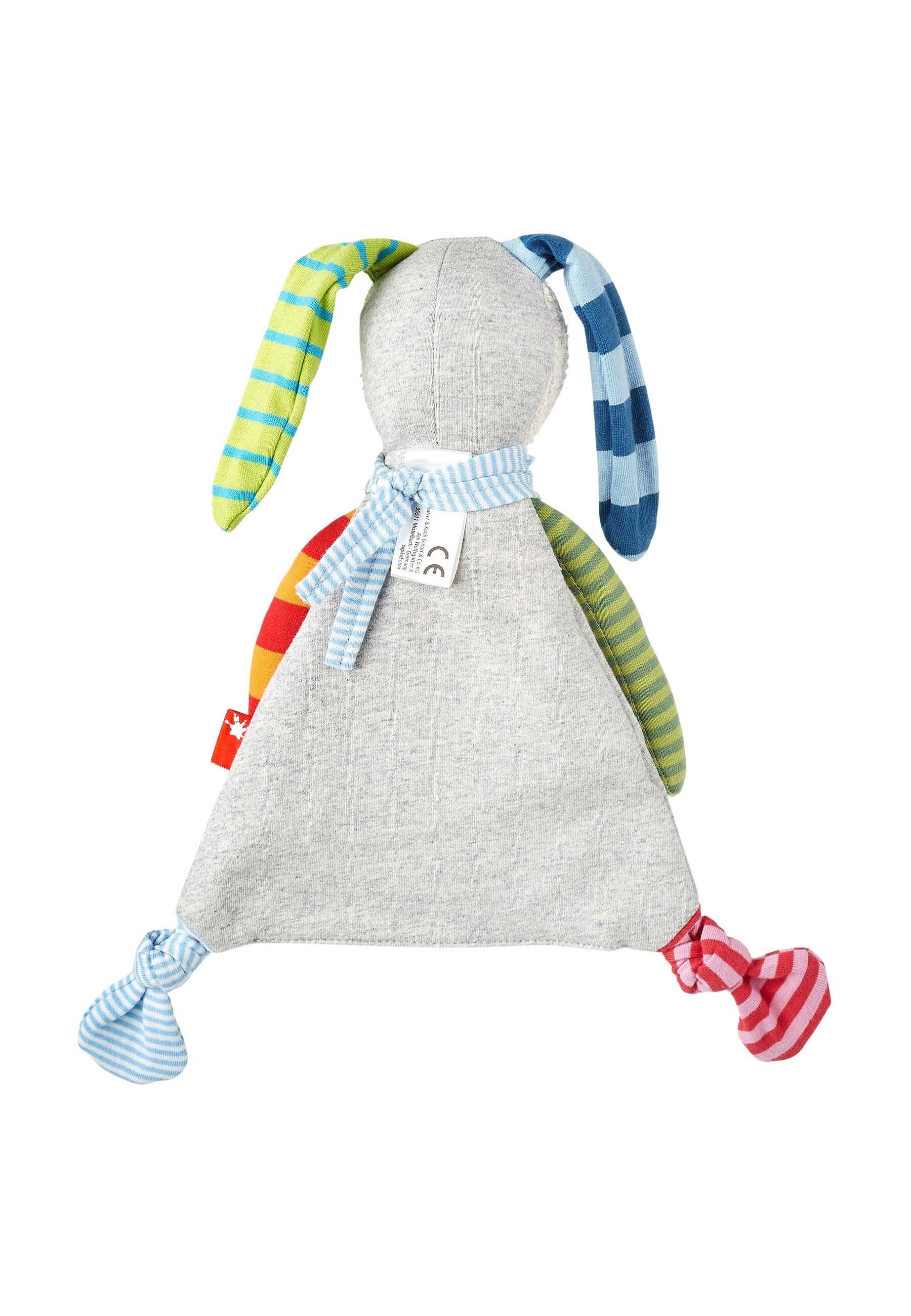 Rückansicht des grauen SIGIKID Schnuffeltuchs. Hasenform mit bunten Details. CE-Kennzeichnung.