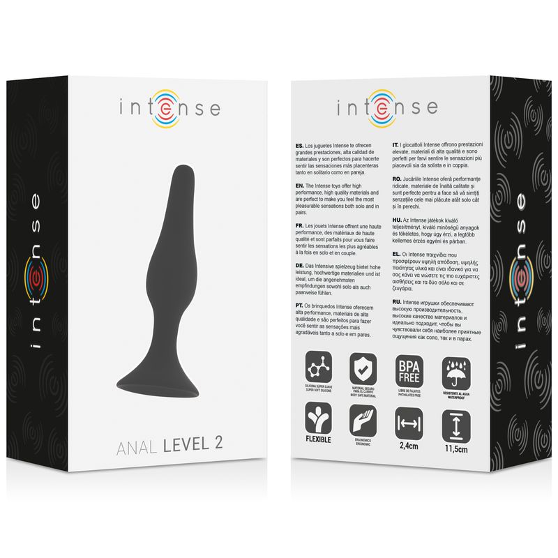Verpackung des 'Intense - Anal Level 2' mit Produktabbildung und Symbolen für Flexibilität, BPA-frei, 2,4cm und 11,5cm.