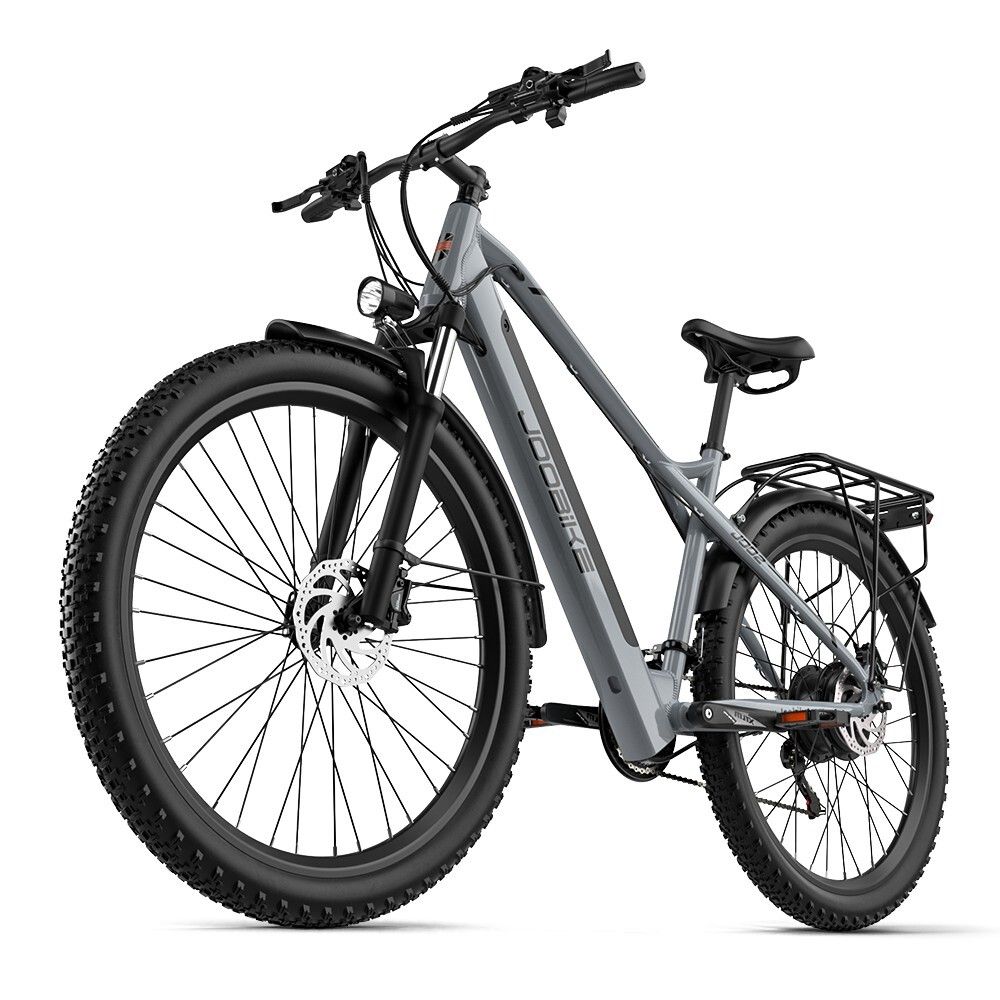 Graues E-Bike JOOBIKE J002, 29 Zoll, All-Terrain-Reifen, Gepäckträger, Scheinwerfer, schwarze Schutzbleche.