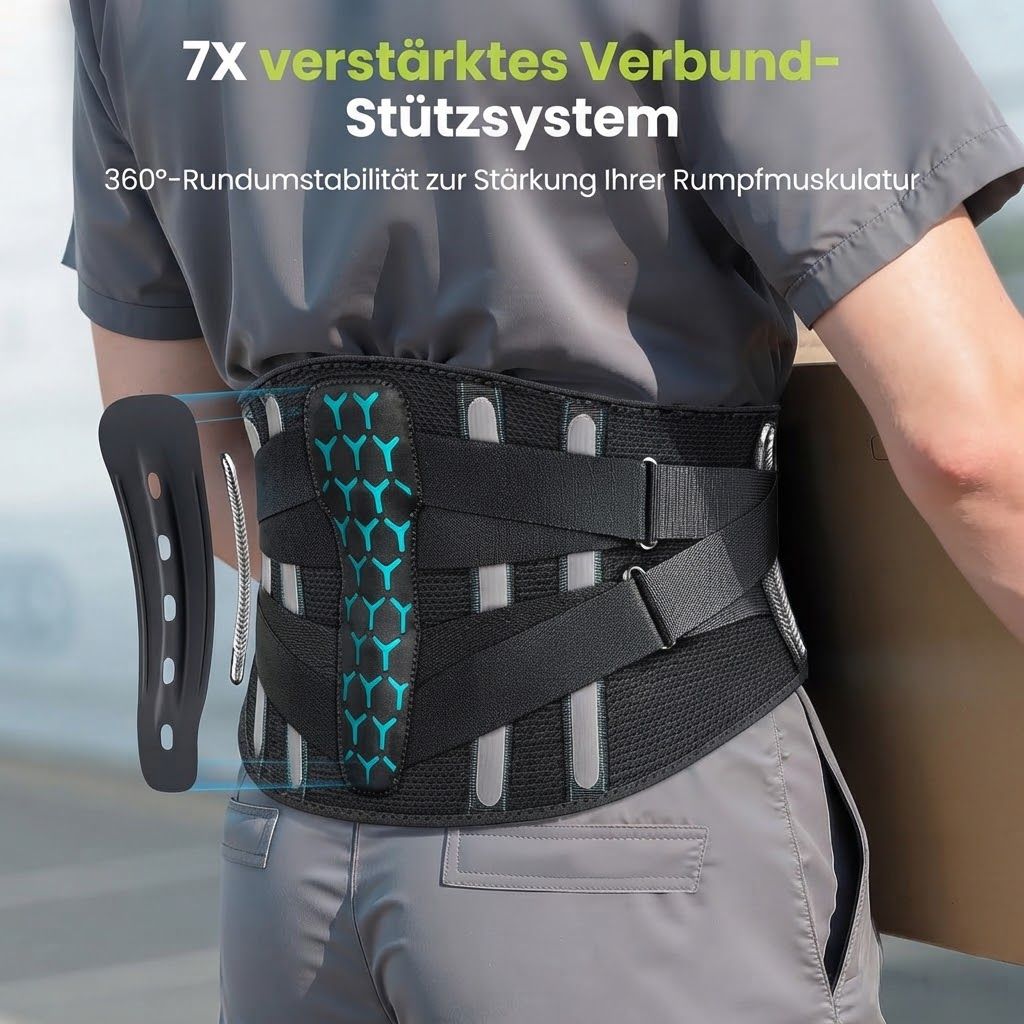 Rückenstützgurt mit 7x verstärktem Stützsystem und 360° Stabilität.