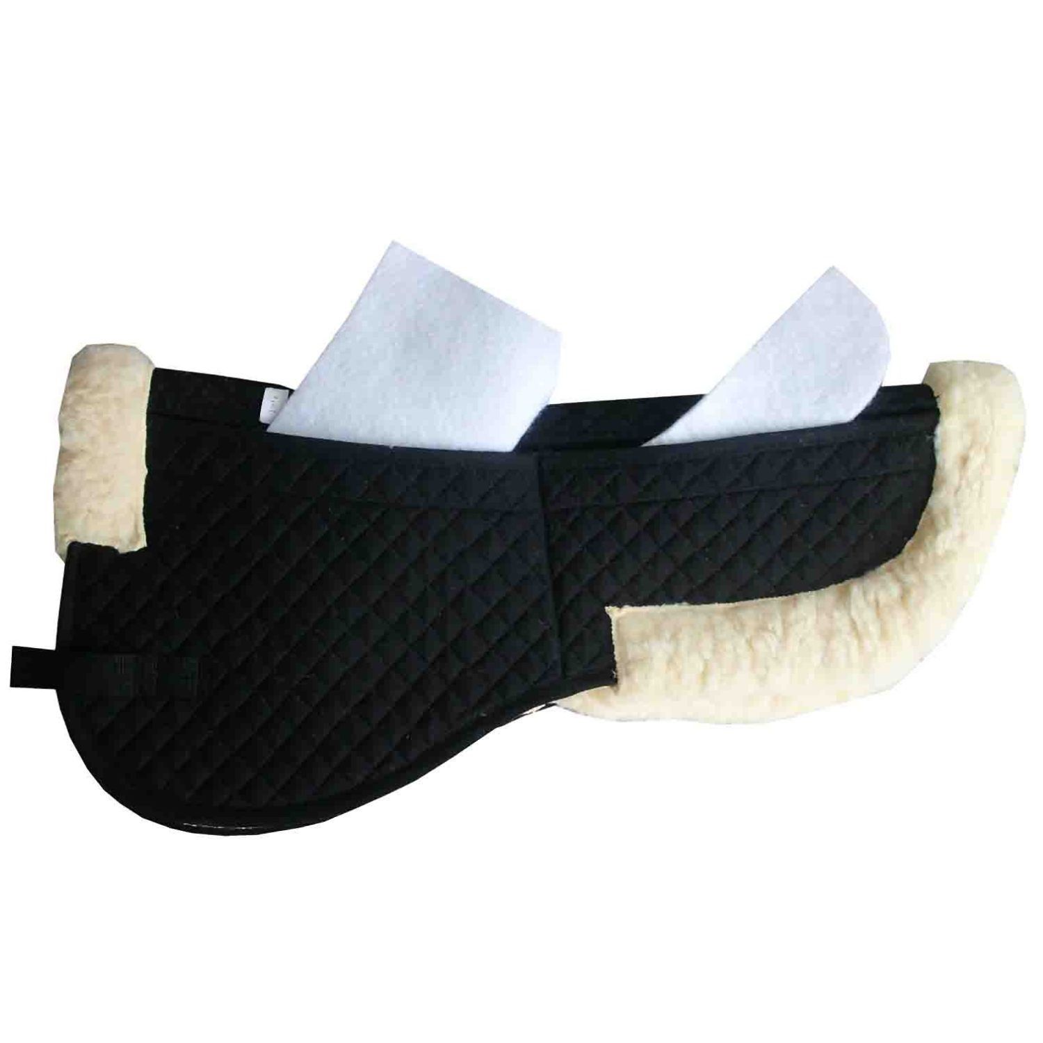 Schwarzes Korrekturpad mit weißem Fellrand. Zwei weiße Filzeinlagen. Quadratisches Steppmuster.