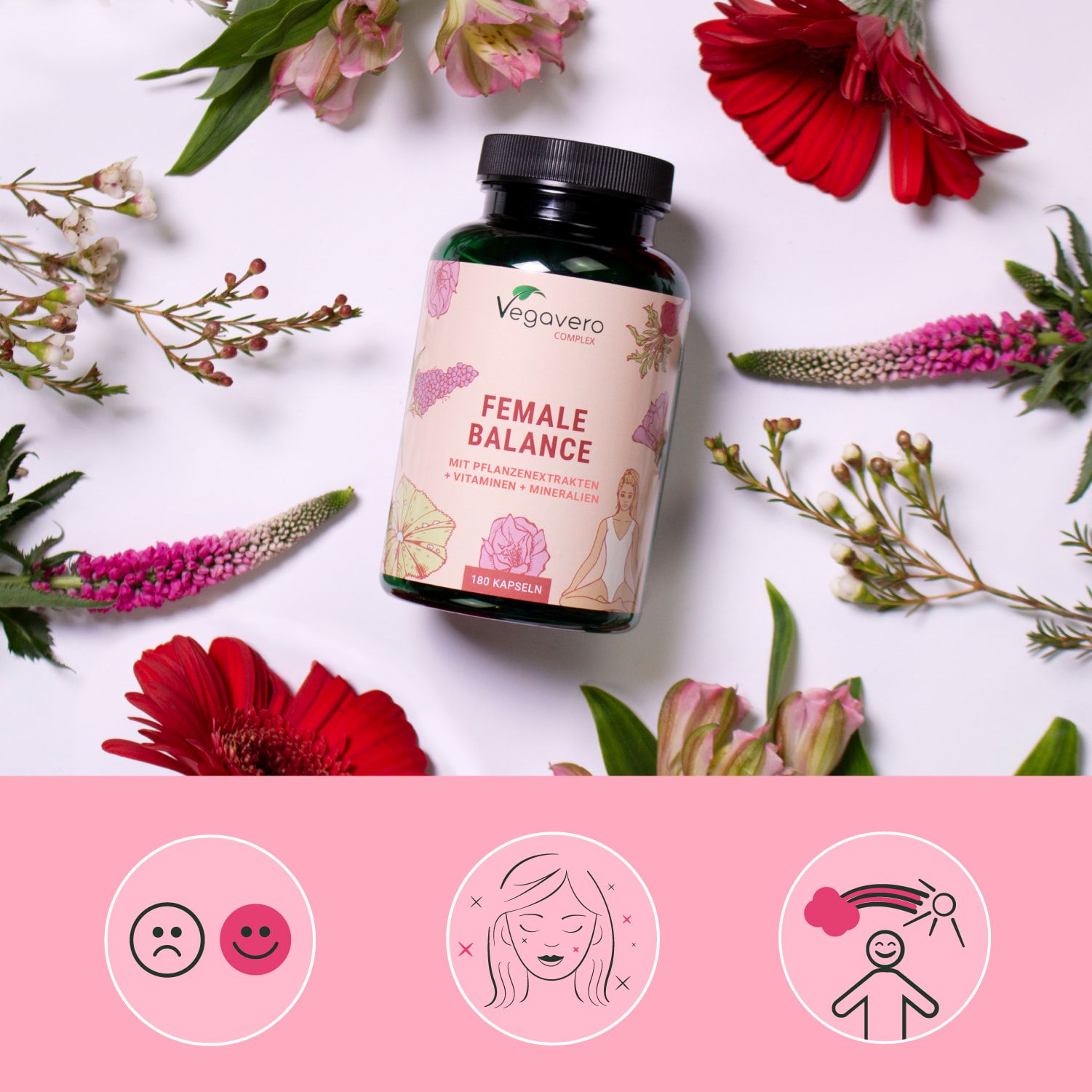 Grüne Flasche mit Kapseln, umgeben von Blumen. Aufschrift: FEMALE BALANCE. Mit Pflanzenextrakten, Vitaminen und Mineralien. 180 Kapseln.