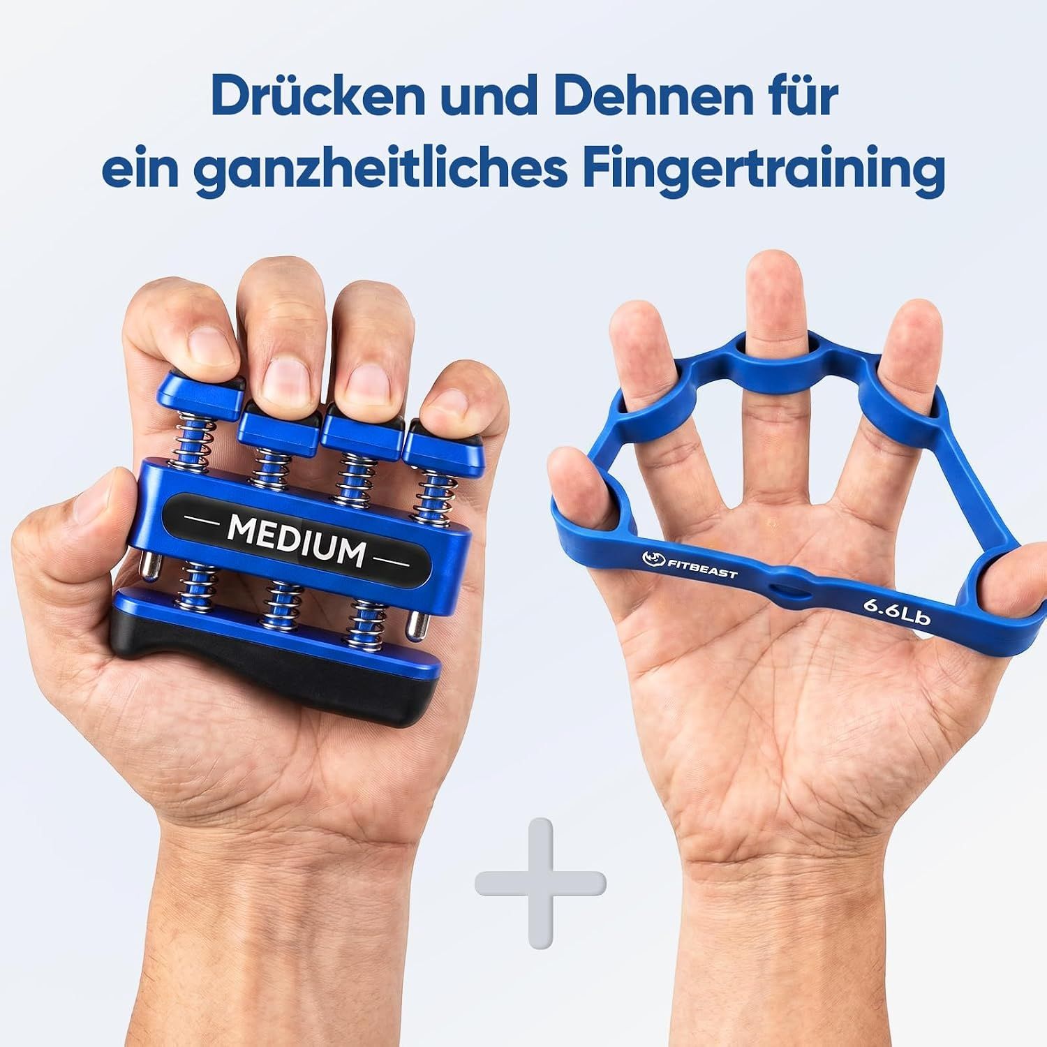 Zwei Hände mit Handtrainingsgeräten: Federklemme und Finger-Dehnungsring.