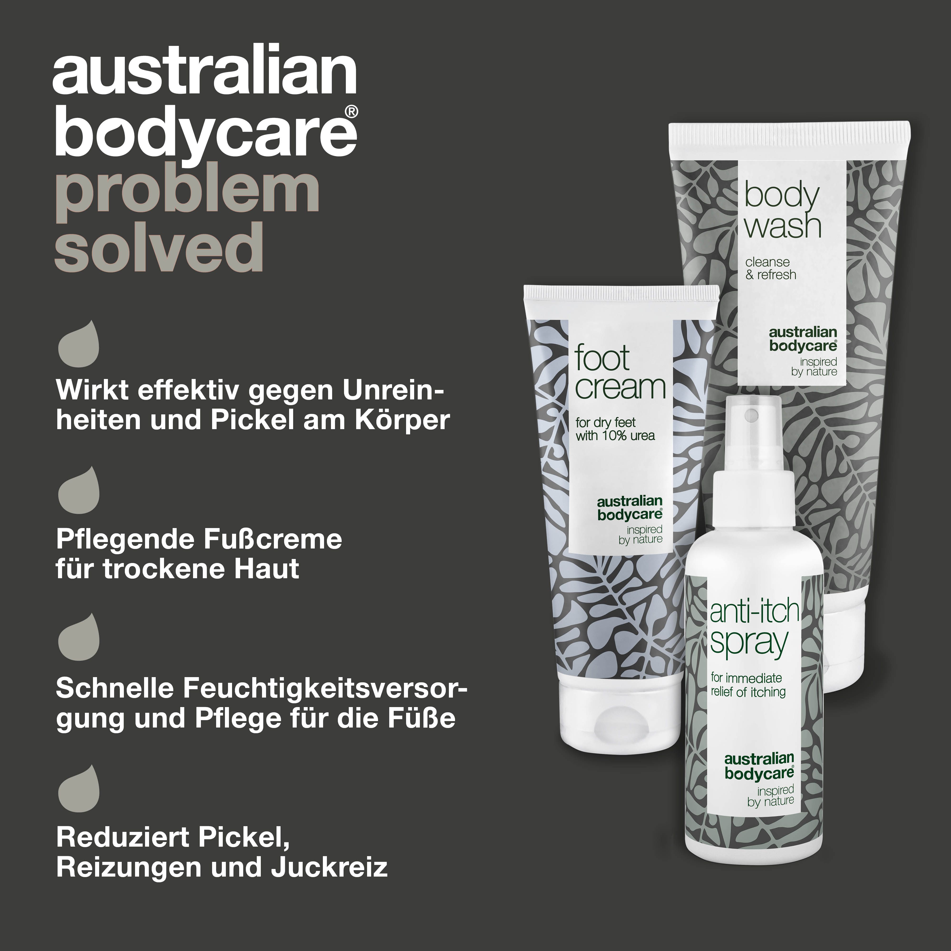 Drei Produkte: Body Wash, Fußcreme, Anti-Juckreiz-Spray. Text: Australian Bodycare, Problem gelöst.