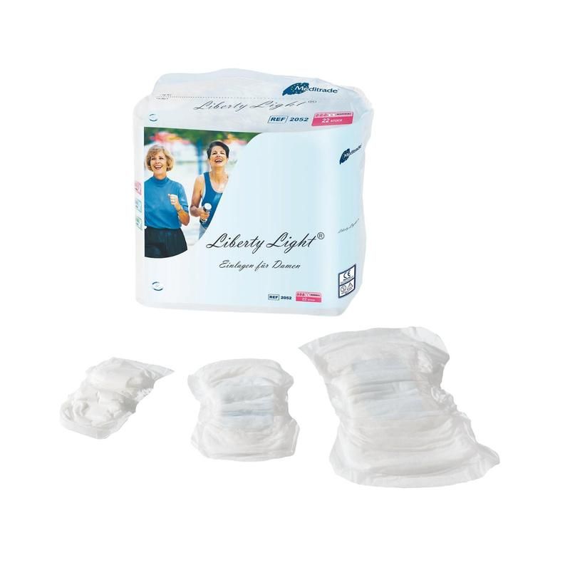 Packung Liberty Light Einlagen für Damen. Abbildung von zwei Frauen. Einzelne Einlagen daneben.