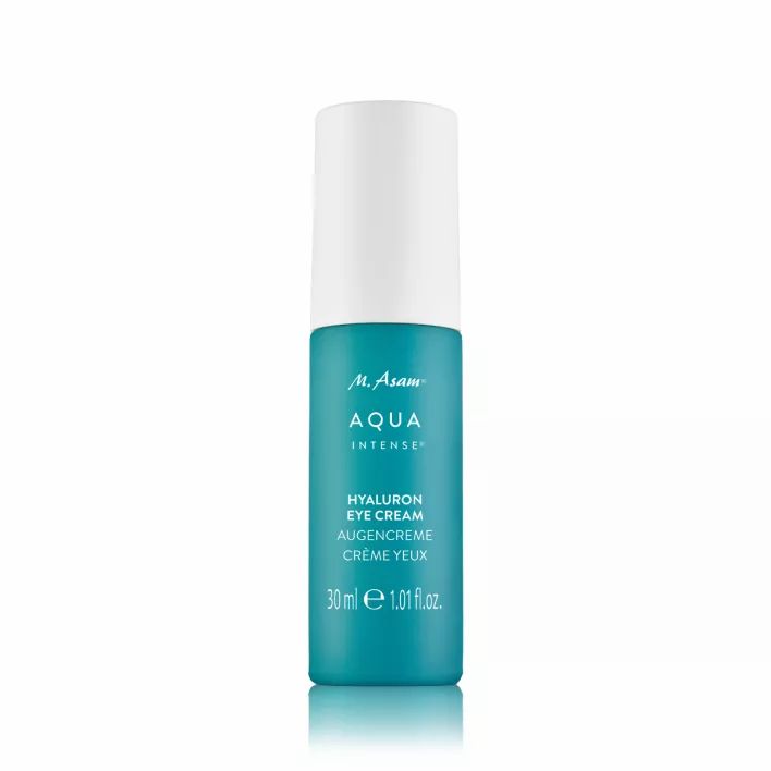 Türkisfarbene Flasche mit weißem Deckel. Aufschrift: M. Asam AQUA INTENSE Hyaluron Eye Cream. 30 ml.