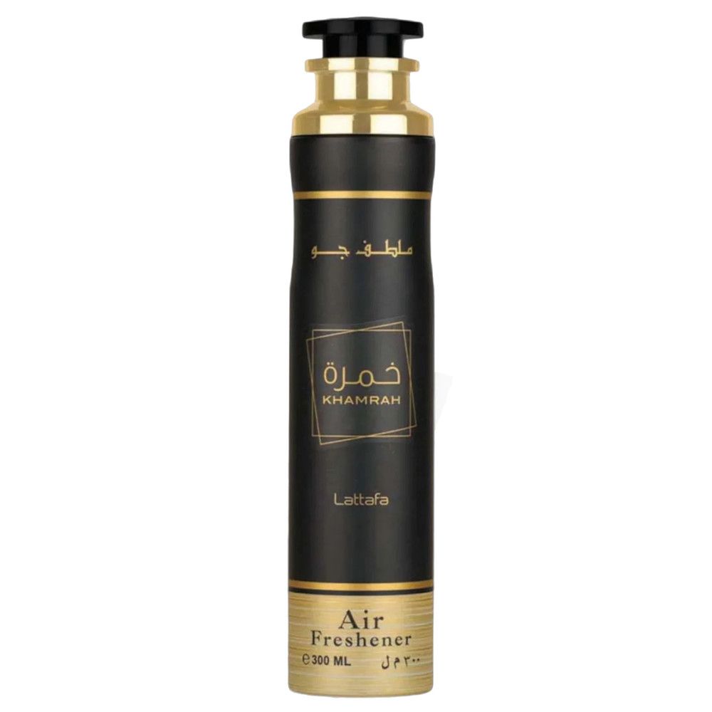 Schwarze Aerosol-Sprühflasche mit goldfarbenen Akzenten. Beschriftung in Gold: Khamrah, Lattafa, Air Freshener. Volumen: 300 ml.