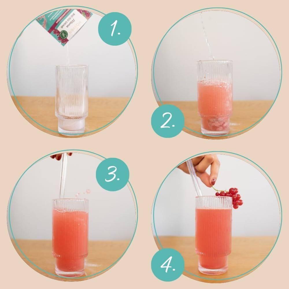 Vier Bilder zeigen die Zubereitung von MABYEN Mama Bio Iso Drink. Von leerem Glas bis zum fertigen Getränk mit Johannisbeeren-Dekoration.
