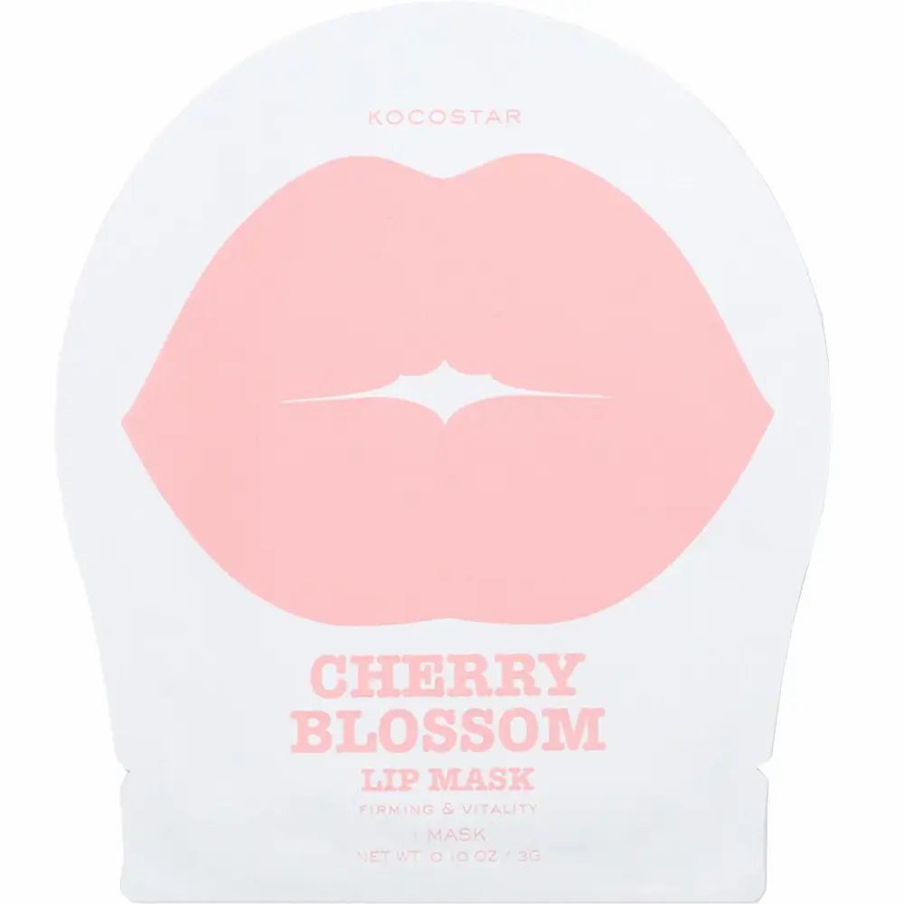 Verpackung mit Lippenmaske. Rosa Lippenform auf weißem Hintergrund. Text: KOCOSTAR, Cherry Blossom Lip Mask, 1 Mask.