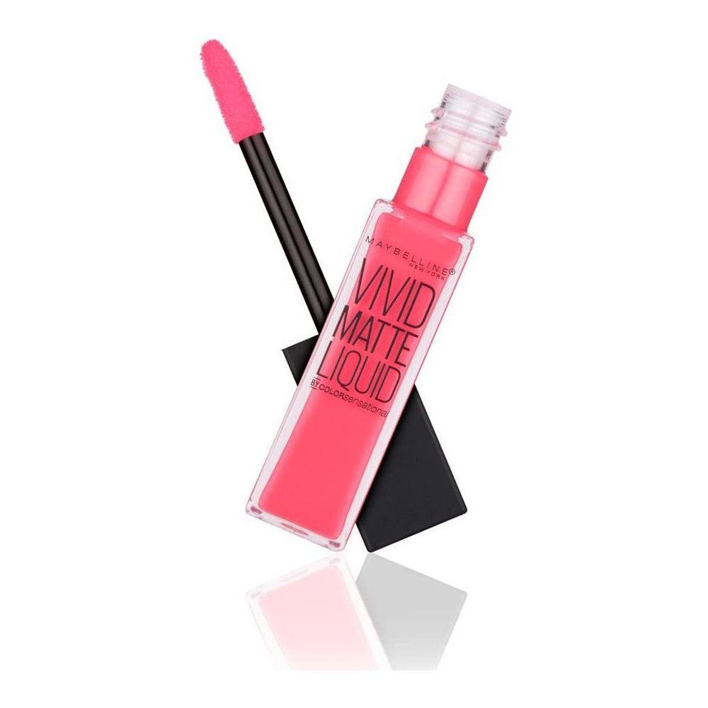 Maybelline New York Vivid Matte Liquid Lippenstift. Rosa Flüssiglippenstift in rechteckiger Flasche. Schwarzer Applikator.