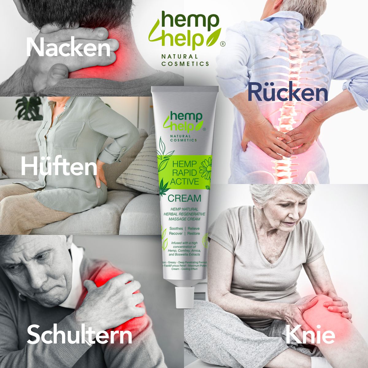 Hemp+Help Rapid Active Creme Tube umgeben von Darstellungen von Nacken-, Rücken-, Hüft-, Schulter- und Knieschmerzen.