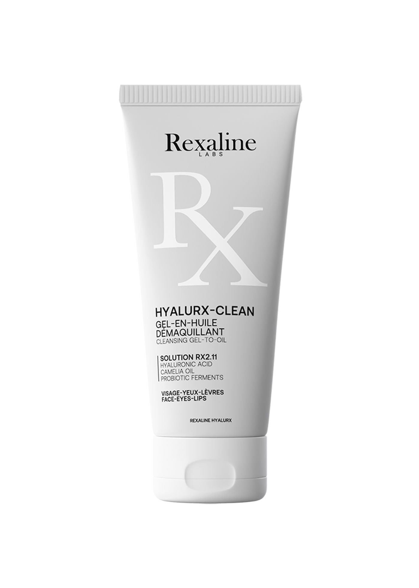 Weiße Tube mit Rexaline-Logo und Produktbezeichnung Hyalurx-Clean. Text: Gel-en-huile démaquillant, Face-Eyes-Lips.