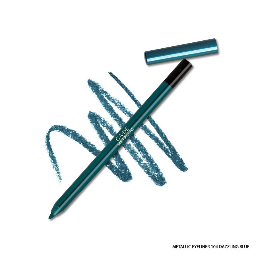 Ga-De Metallic Eyeliner, Strichprobe. Grüner Stift, schwarze Spitze, blaue Strichspur. Deckel daneben.