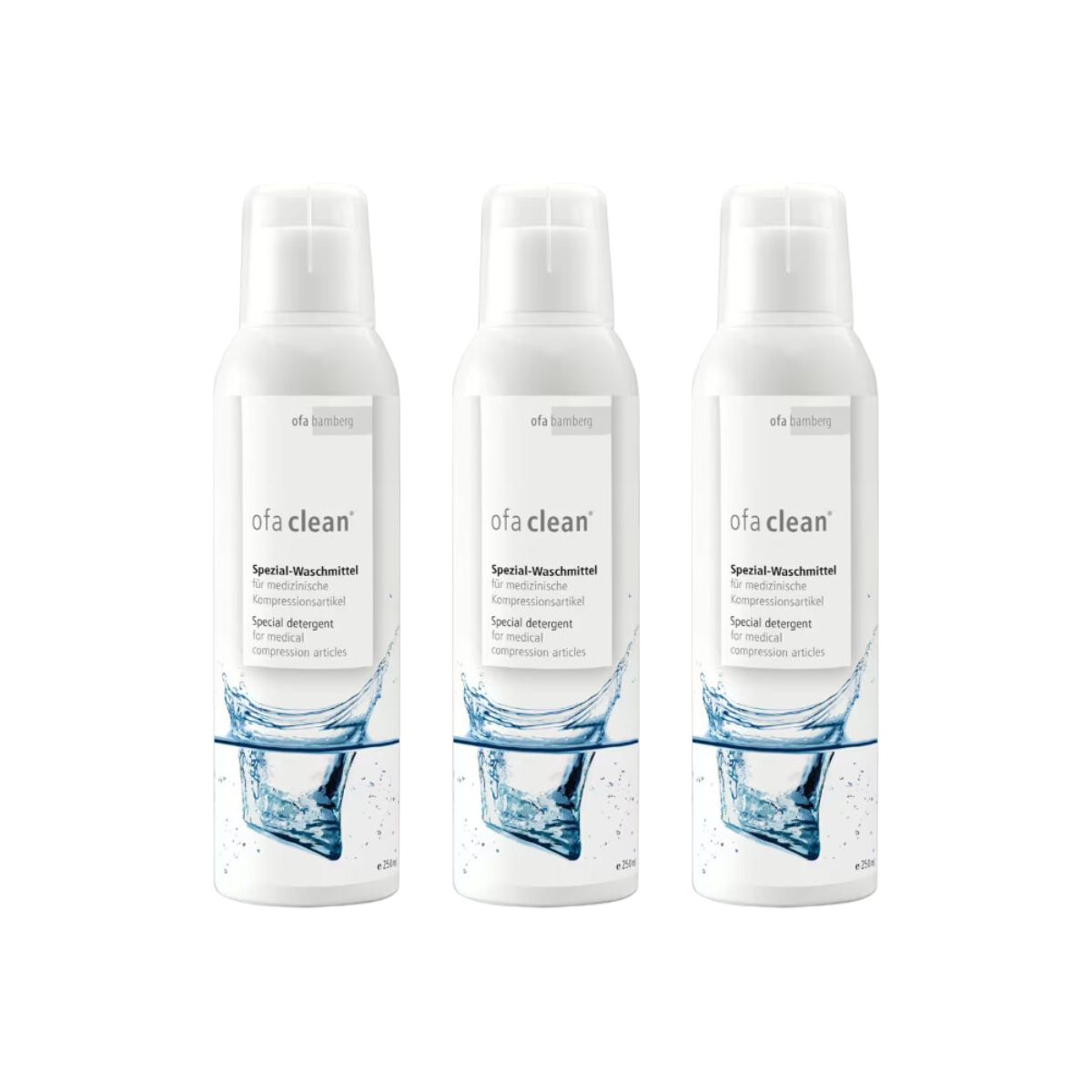 Drei weiße Flaschen Ofa Clean Spezialwaschmittel, Etikett mit Produktinformationen, Wasser-Grafik.