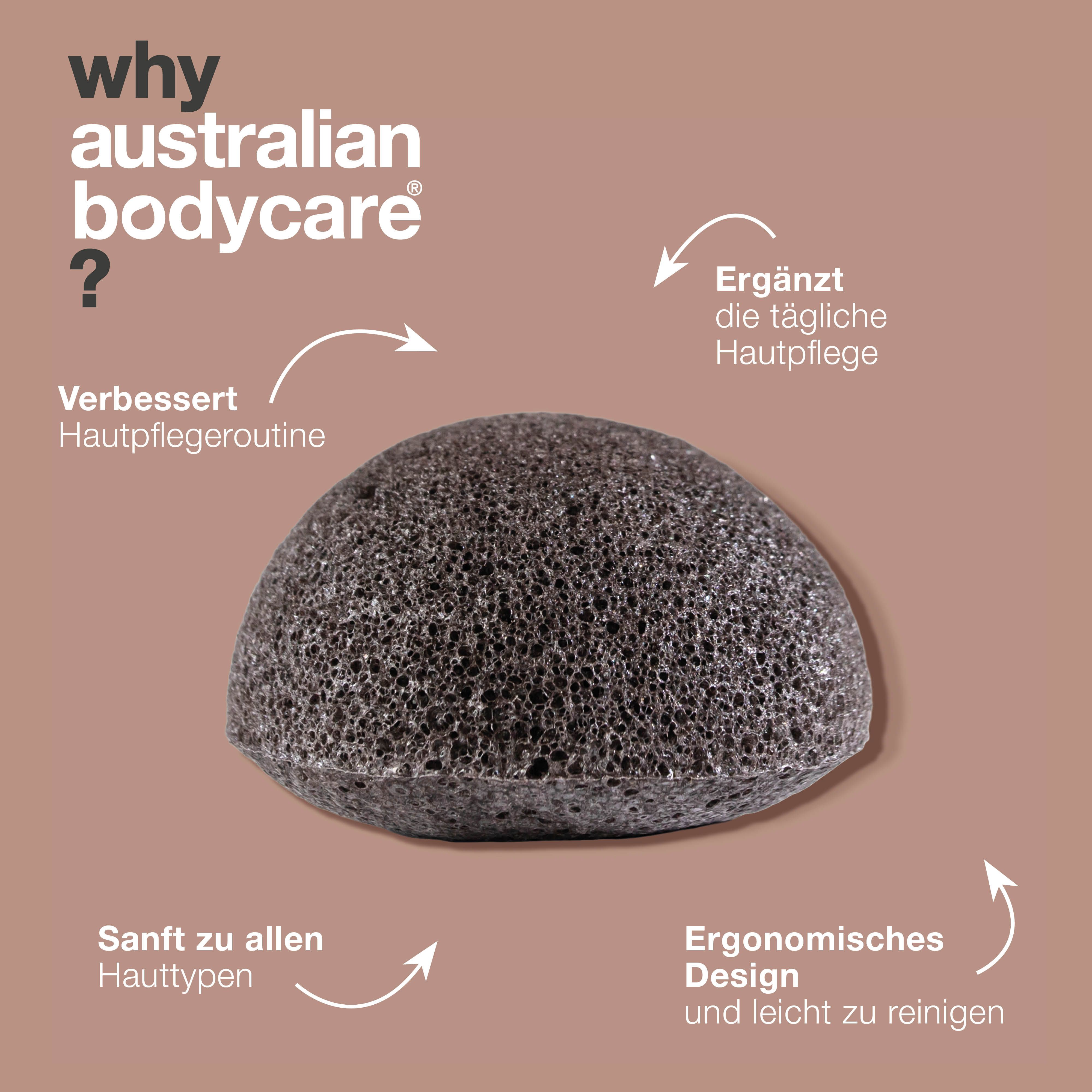 Konjac-Schwamm mit Text. Warum Australian Bodycare? Verbessert Hautpflegeroutine. Ergonomisches Design.