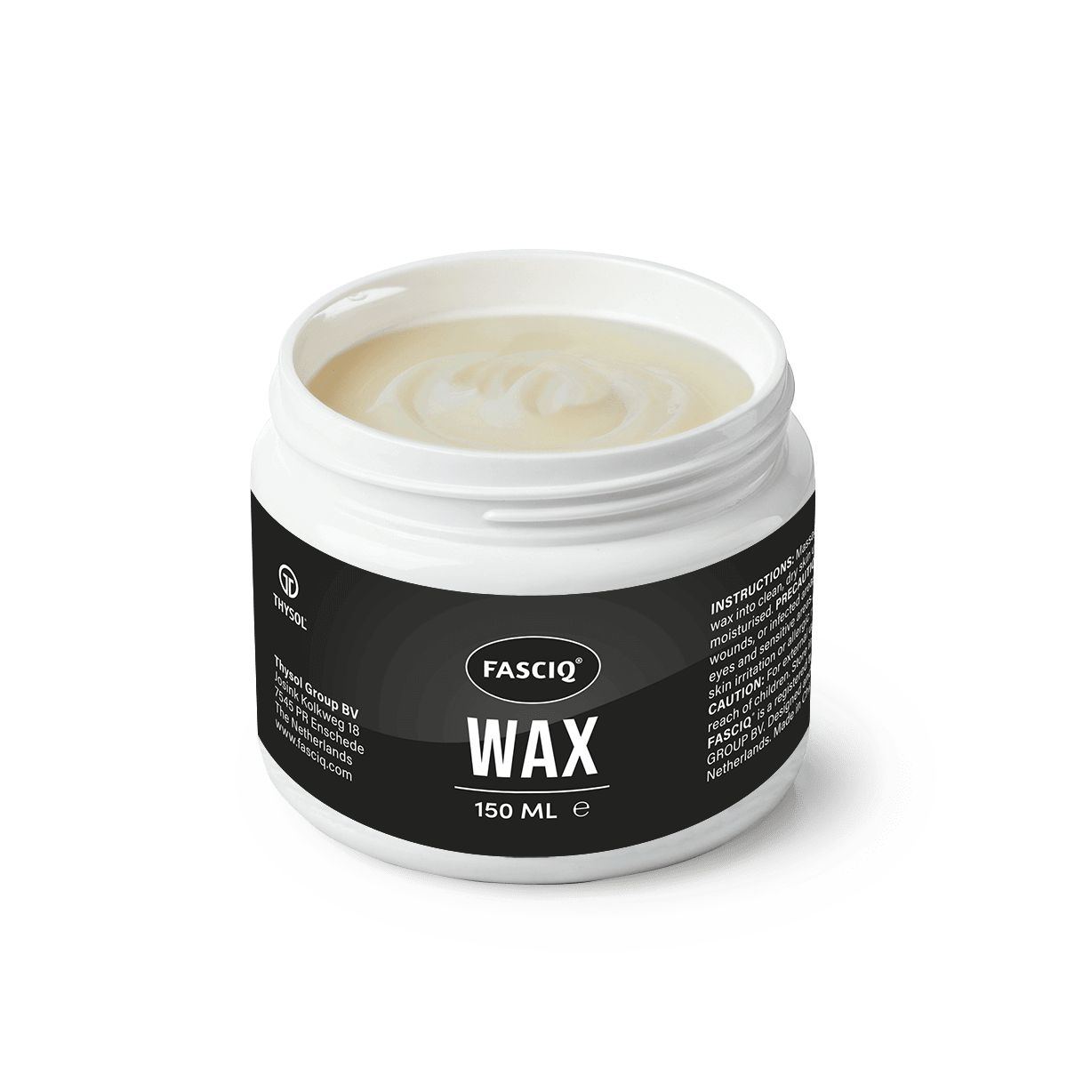 Weißes Tiegel mit FASCIQ WAX. Schwarzes Etikett mit Produktname und 150 ml. Offener Deckel, Wachs sichtbar.