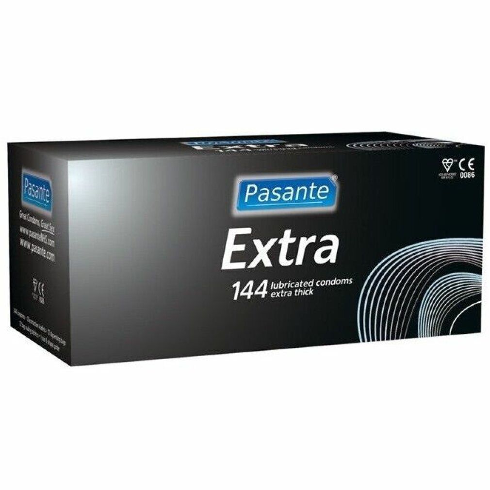 Schwarze Verpackung mit Produktnamen und 144 Kondomen. Extra dick, extra geschmiert. CE-Kennzeichnung.