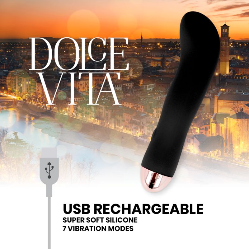 Schwarzer Silikon-Vibrator mit roségoldfarbenem Akzent. Produktname und USB-Ladefunktion sind angegeben.