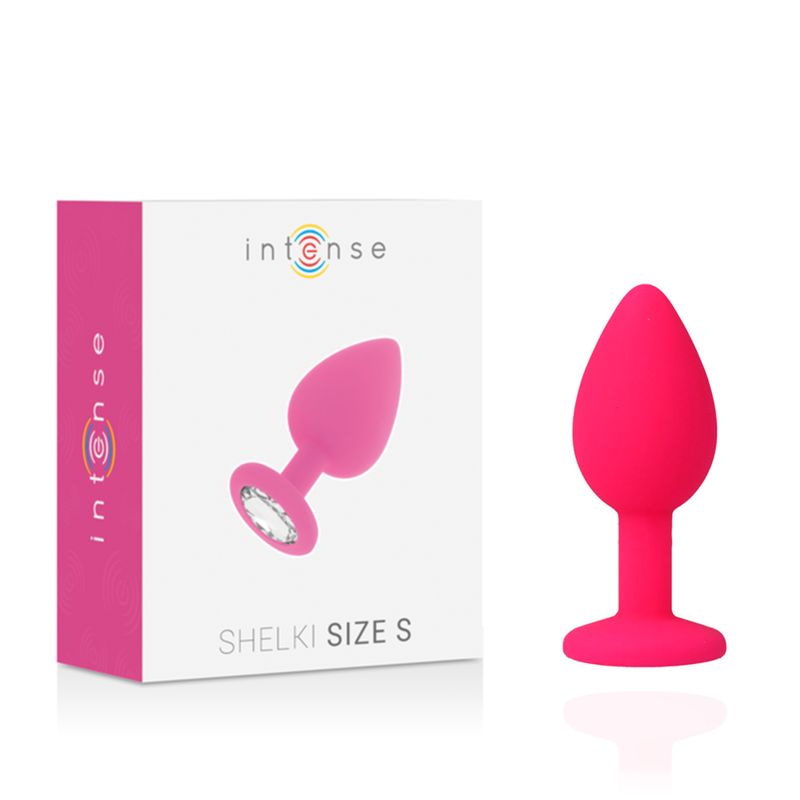 Rosa Analplug mit Kristallverzierung und Verpackung. Auf der Verpackung steht "Intense Shelki Size S".