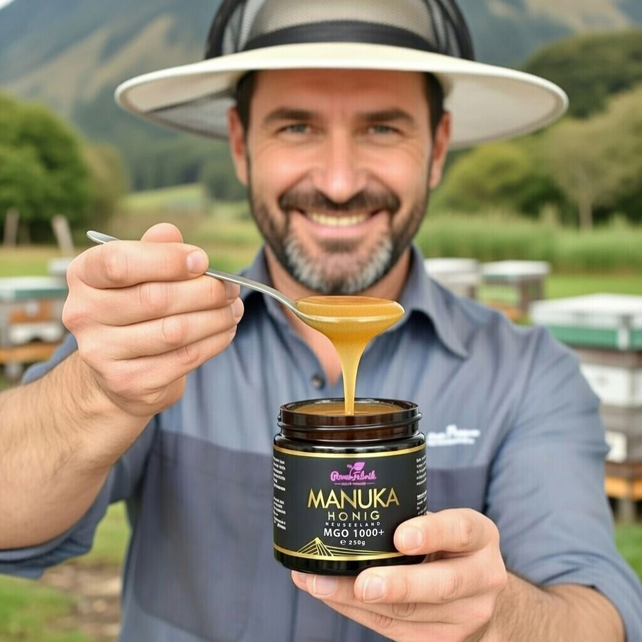 Mann hält ein Glas Manuka Honig und einen Löffel mit Honig. Im Hintergrund Bienenstöcke und Berge.