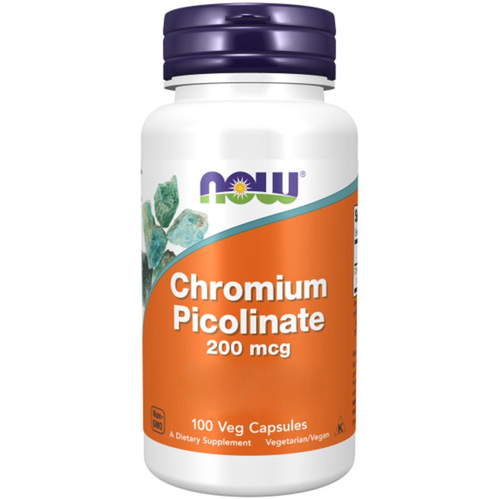 Weiße Flasche mit blauem Deckel. Aufschrift: "Chromium Picolinate 200 mcg". Enthält 100 Veg-Kapseln. Vegan.