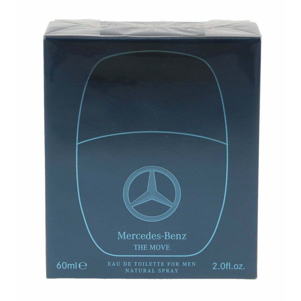 Dunkelblaue Schachtel mit dem Mercedes-Benz-Logo und der Aufschrift "THE MOVE". Auf der Schachtel steht "EAU DE TOILETTE FOR MEN".