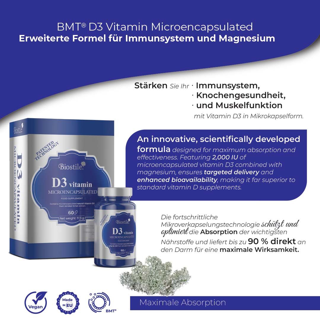 Biostile BMT D3 Vitamin: Karton, Fläschchen, Magnesiumkristalle und Pulver.