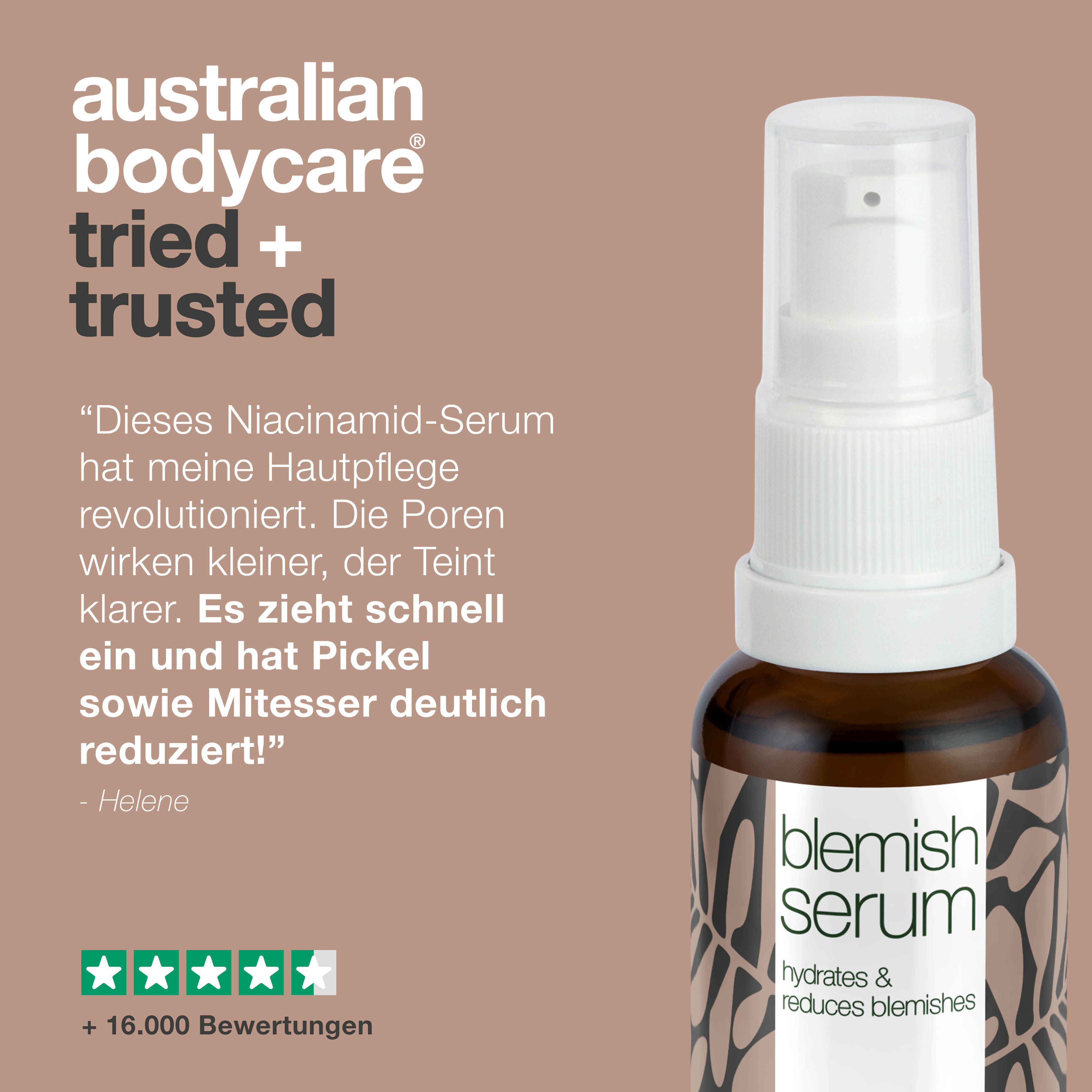 Zitate und Serumflasche. Aufschrift: Blemish Serum, Australian Bodycare.