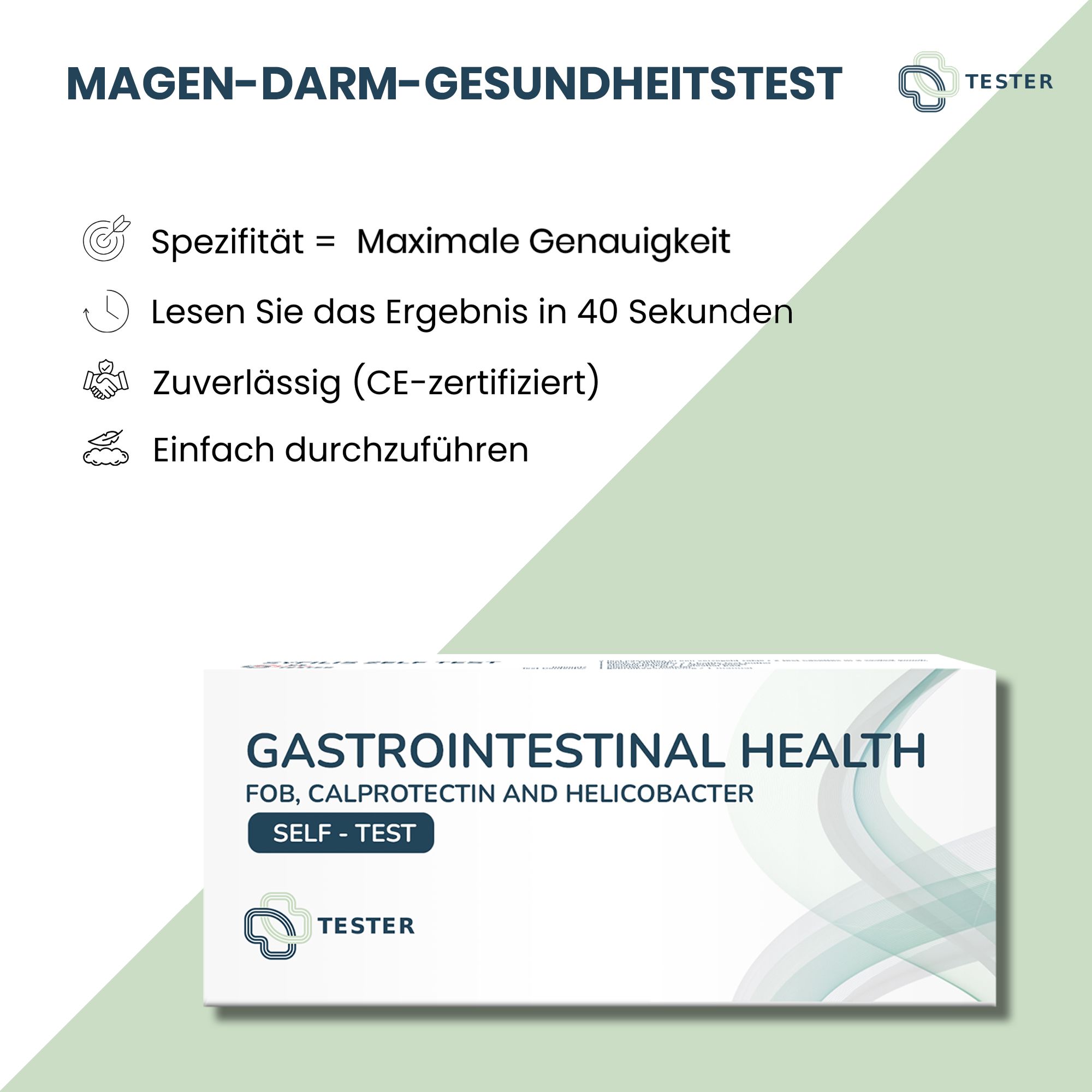 Kartonverpackung mit Aufschrift 'GASTROINTESTINAL HEALTH SELF-TEST' und Logo 'TESTER'. Text: Spezifität = Maximale Genauigkeit, u.a.