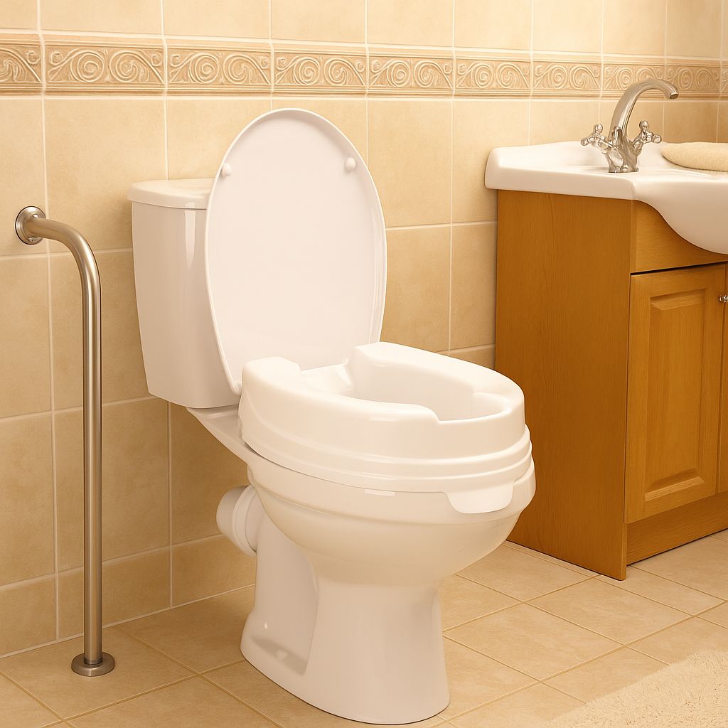 Toilettensitzerhöher auf einer Toilette montiert. Weißes Produkt, installiert in einem Badezimmer mit Haltegriff.
